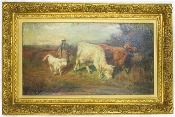 Highland Cattle With Milkmaid Herding A White Calf Oil Painting by Joseph Denovan Adam