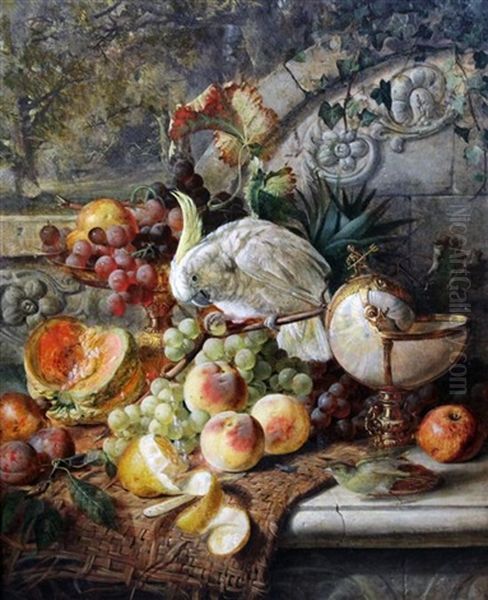 Still Life Of Fruit On A Ledge With A Cockatoo Oil Painting by Joseph Denovan Adam