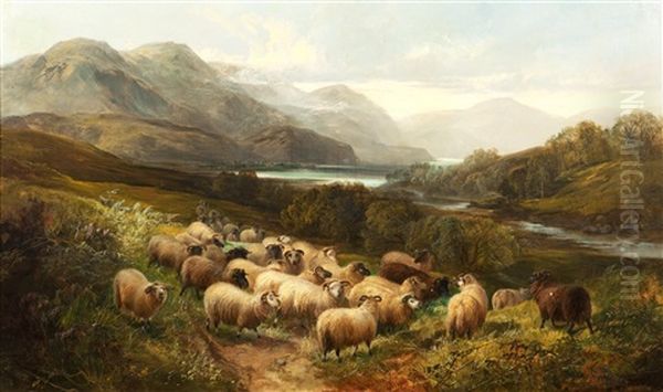 Sheep In An Extensive Highland Landscape Oil Painting by Joseph Denovan Adam