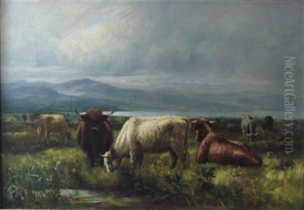 Highland Cattle Grazing At A Lochside Oil Painting by Joseph Denovan Adam