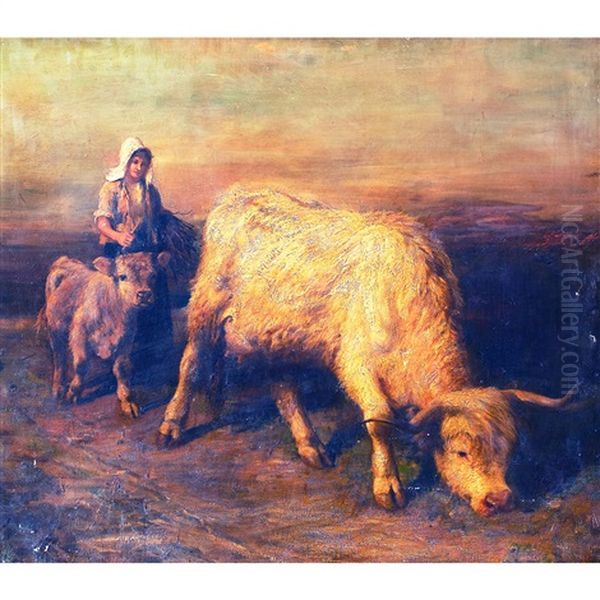 Young Shepherdess Guiding A Cow And Calf Oil Painting by Joseph Denovan Adam