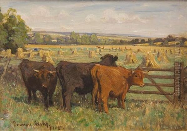 Highland Cattle At Harvest Time Oil Painting by Joseph Denovan Adam