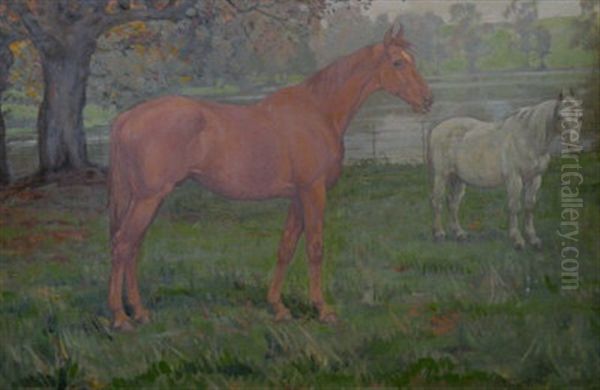 Horses In A Meadow Oil Painting by Joseph Denovan Adam