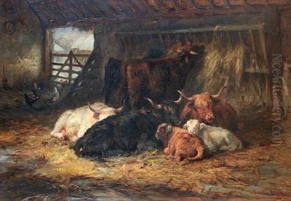 Winter Quarters, Highland Cattle In A Barn Oil Painting by Joseph Denovan Adam