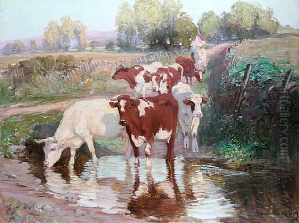 Cattle On A Lane Watering At A Stream Oil Painting by Joseph Denovan Adam