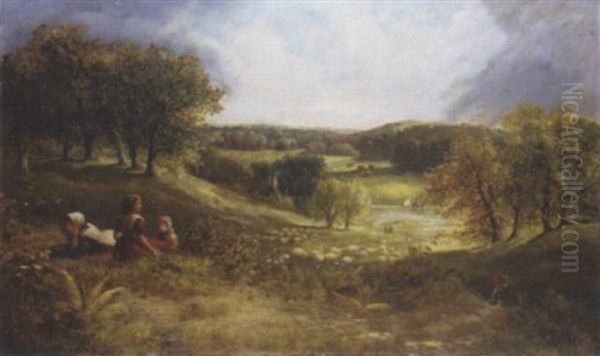 Children Playing On A Hillside Oil Painting by Joseph Denovan Adam