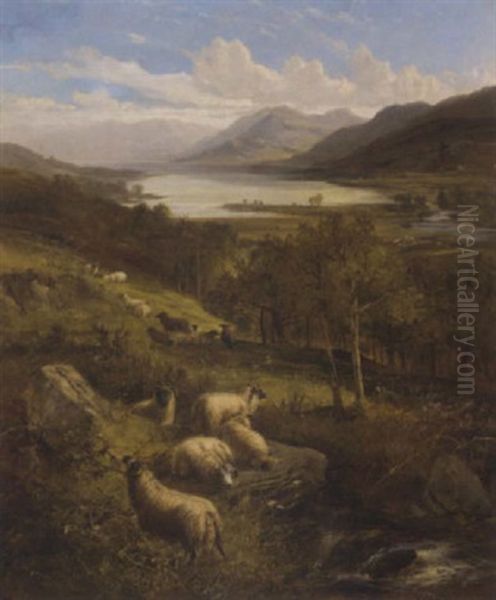 Sheep By A Burn In A Highland Landscape by Joseph Denovan Adam