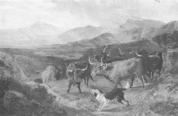 Cattle In A Glen Oil Painting by Joseph Denovan Adam