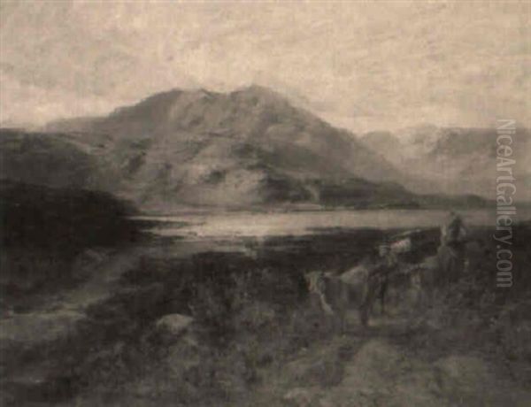 A Drover With Cattle In A Highland Lake Landscape Oil Painting by Joseph Denovan Adam