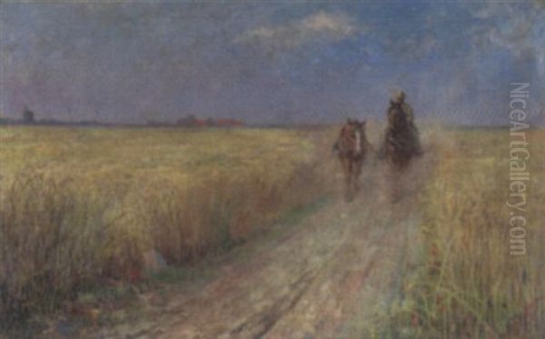 Bauer Mit Ausgespannten Zugpferden Auf Einem Sommerlichen Feldweg Oil Painting by Luitpold Adam