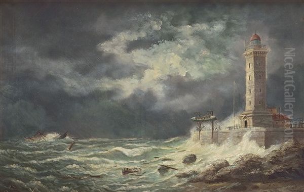 Tempetes Au Havre (2 Works) Oil Painting by Marie-Edouard Adam