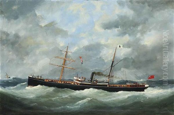 R. Bell & Co.s Steamship Bothal In A Heavy Swell Oil Painting by Marie-Edouard Adam