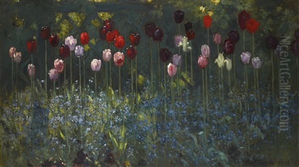 Tulips And Forget-me-nots Oil Painting by Patrick William Adam