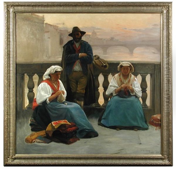 Three Figures On A Bridge Over The River Arno Oil Painting by Patrick William Adam