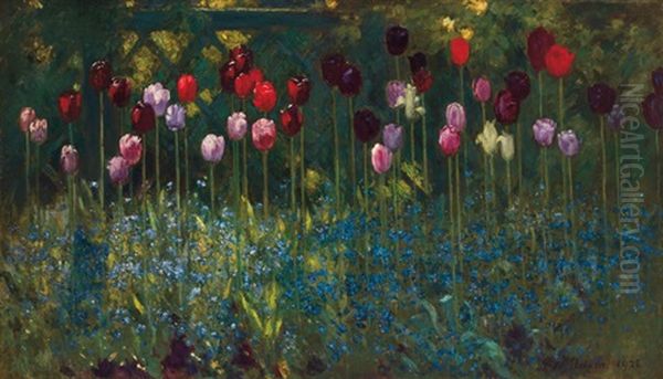 Tulips, Forgetmenots Oil Painting by Patrick William Adam