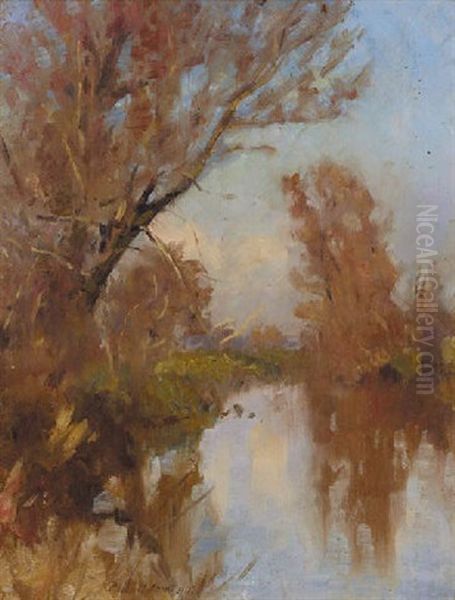 A Tranquil River Landscape Oil Painting by Patrick William Adam