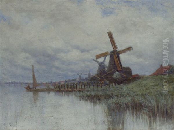 Windmills On The Bank Of A River Oil Painting by Patrick William Adam