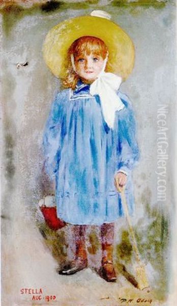 Stella, Portrait Of A Little Girl In A Blue Dress, Straw Hat And Bucket And Spade Oil Painting by Patrick William Adam