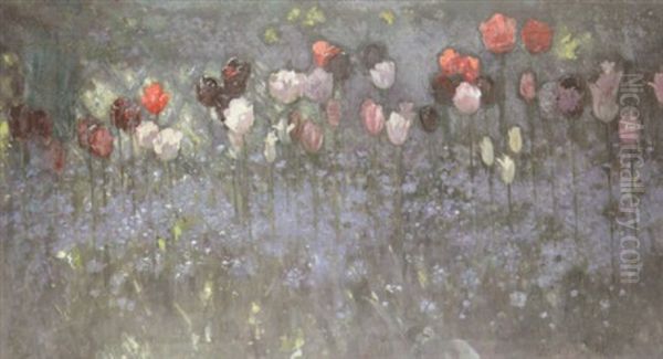 Tulips And Forget Me Nots Oil Painting by Patrick William Adam