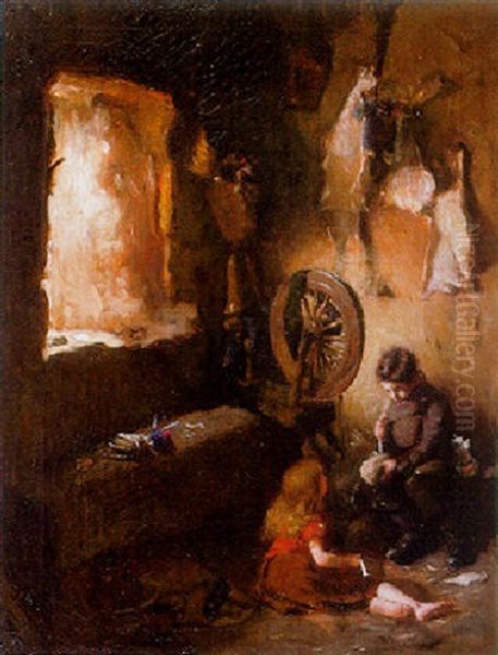 A Cottage Interior With Children Playing By A Spinning Wheel Oil Painting by Patrick William Adam