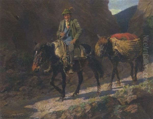 Bauernbursche Zu Pferd Und Mit Einem Maultier Oil Painting by Richard Benno Adam