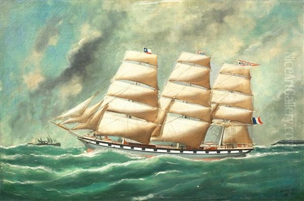 Portrait Of The Three-masted Ship Quillota Leaving The Port Of Le Havre Under Full Sail Oil Painting by Victor Charles Edouard Adam