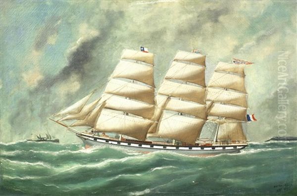 Portrait Of The Square Three-masted Ship Quillota Leaving The Port Of Le Havre Under Full Sail Oil Painting by Victor Charles Edouard Adam