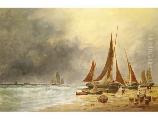 Barques De Peche Sur La Greve Oil Painting by Victor Charles Edouard Adam