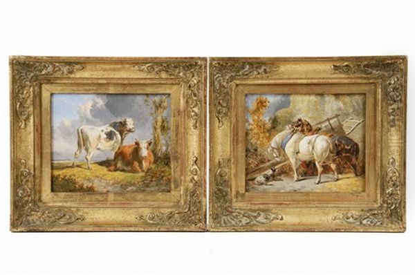 A Pair Of Miniature Barnyard Scenes Oil Painting by Victor-Jean Adam