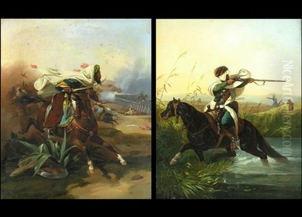 Araber Zu Pferd Mit Sabel (+ Araber Zu Pferd Mit Gewehr; Pair) Oil Painting by Victor-Jean Adam