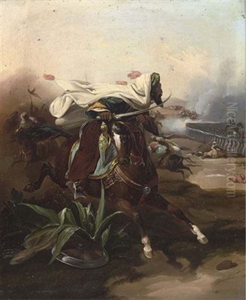 An Arab Cavalry Charge (+ A Pot-shot On The Retreat; Pair) Oil Painting by Victor-Jean Adam