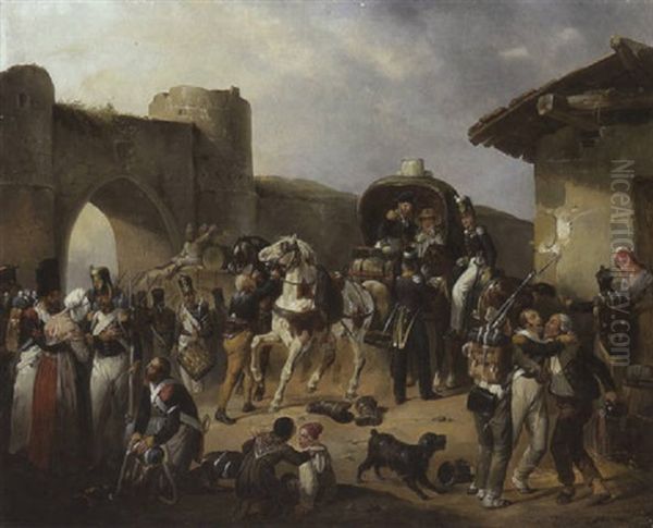 Franzosische Linieninfanterie Aus Der Zeit Der Napoleonischen Kriege Beim Sammeln Zum Abmarsch Aus Dem Quartier Oil Painting by Victor-Jean Adam