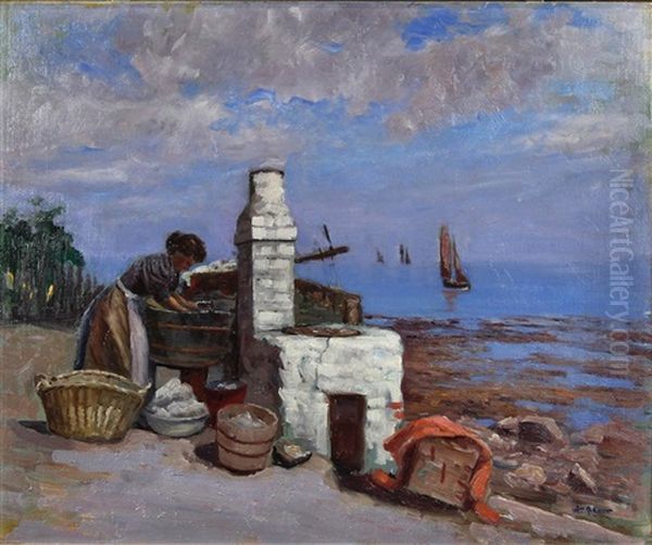 Washer Woman, Washing Abalone (old Monterey) Oil Painting by William C. Adam