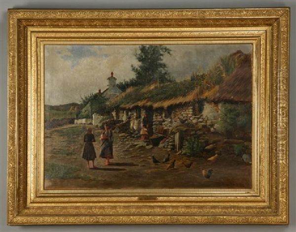 Farm Scene W/ Figures Oil Painting by William C. Adam