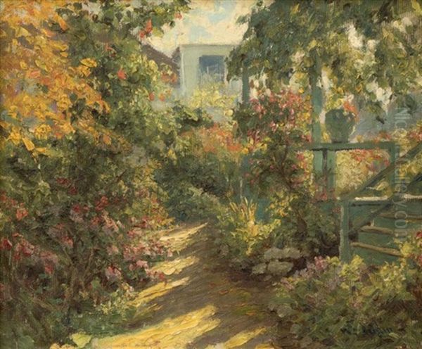 A Sunny Garden Oil Painting by William C. Adam