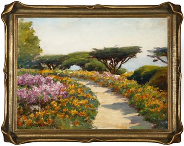 California Coastal With Cypress Trees And Flow Oil Painting by William C. Adam