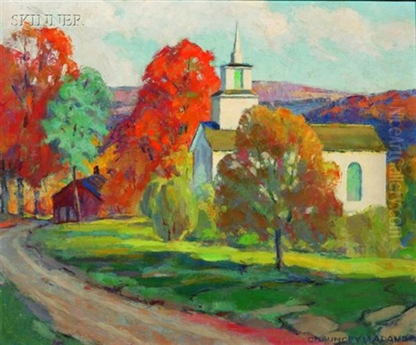 Autumn View With Church Oil Painting by Chauncey M. Adams