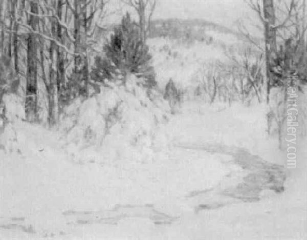 Snowy Landscape Oil Painting by Chauncey M. Adams