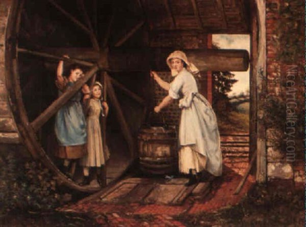 Woman And Children By A Watermill Oil Painting by Douglas Adams