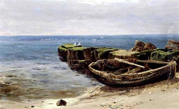 Robad Pa Stranden Ved En Mosbegroet Hofde Oil Painting by John Clayton Adams