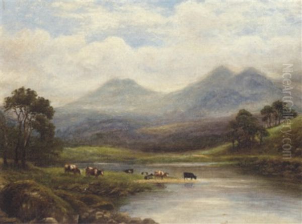 Cattle Watering In A Highland Landscape Oil Painting by John Clayton Adams