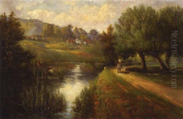 A River Landscape With A Village And A Figure On A Donkey In The Foreground Oil Painting by John Clayton Adams