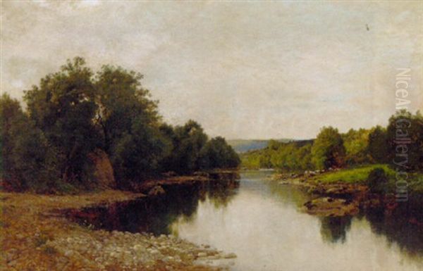 Cattle Watering In A Tranquil River Landscape Oil Painting by John Clayton Adams