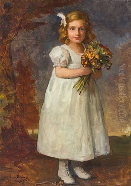 Portrait Eines Reizenden Kleinen Madchens Mit Blumenstraus, Meisterlich Charakterisiert Oil Painting by John Quincy Adams