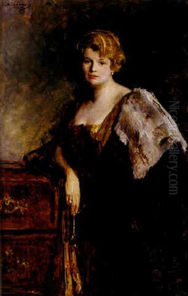 Portrait Einer Eleganten Dame, An Einer Barocken Kommode Lehnend Oil Painting by John Quincy Adams