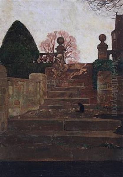 Cat On A Flight Of Steps Oil Painting by William Dacres Adams