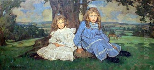 Two Sisters In A Landscape Oil Painting by William Dacres Adams