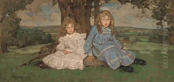 Two Sisters Sitting Under A Tree, An Extensive Landscape Beyond Oil Painting by William Dacres Adams