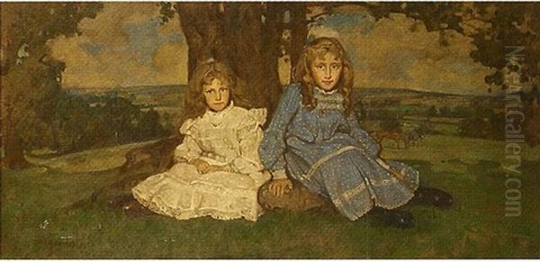 Two Girls Seated In A Landscape Oil Painting by William Dacres Adams