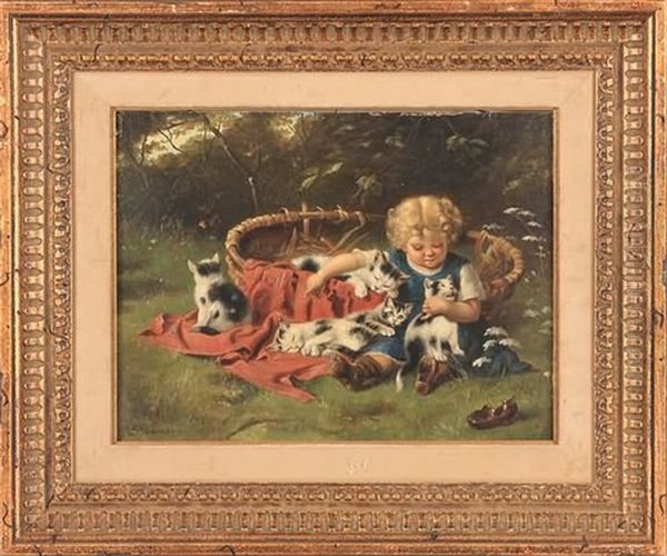 Girl Playing With Four Kittens Oil Painting by John Adamson